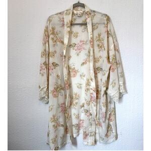 Vintage Victoria's Secret Floral Robe Coquette Lace Trim XL Fairy Cottage